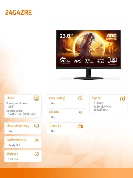 AOC Monitor 23.8 cala 24G4ZRE Fast IPS 240Hz HDMIx2 DP
