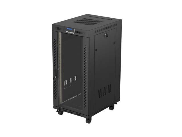 Lanberg Szafa instalacyjna rack stojąca 19" 24U  600x800 czarna drzwi przeszklone LCD ( Flat pack) V2