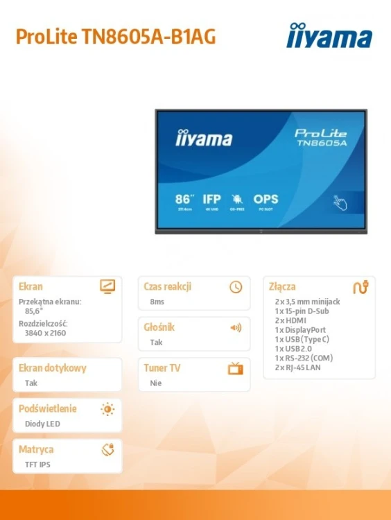 IIYAMA Monitor 86 cali TN8605A-B1AG IPS,4K,40pkt,500cd,nonOS,1200:1,5ms,    DeepContrast-IR+, 1xVGA,2xHDMI,DP,USB-C(PD65W),2xRJ45,2x20W,PiP,PbP,UCHWYT
