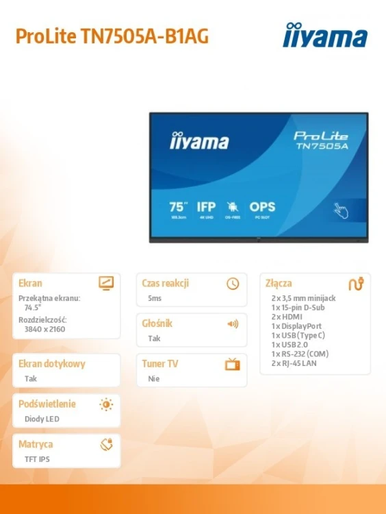IIYAMA Monitor 75 cali TN7505A-B1AG IPS,4K,40pkt,500cd,nonOS,1200:1,5ms,    DeepContrast-IR+, 1xVGA,2xHDMI,DP,USB-C(PD65W),2xRJ45,2x20W,PiP,PbP,UCHWYT