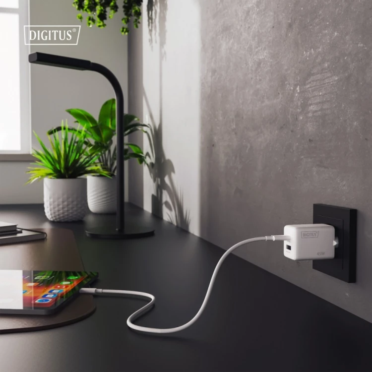 Digitus Ładowarka sieciowa GaN II 45W | 1x USB-C, 1x USB-A | PD 3.0, QC 3.0 | Biała