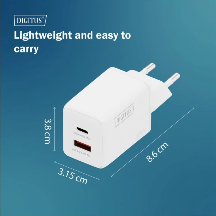 Digitus Ładowarka sieciowa GaN II 45W | 1x USB-C, 1x USB-A | PD 3.0, QC 3.0 | Biała