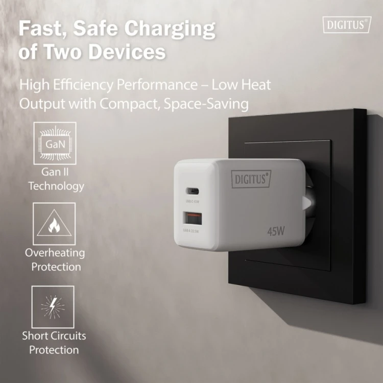 Digitus Ładowarka sieciowa GaN II 45W | 1x USB-C, 1x USB-A | PD 3.0, QC 3.0 | Biała