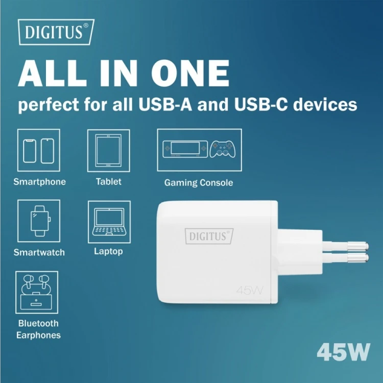 Digitus Ładowarka sieciowa GaN II 45W | 1x USB-C, 1x USB-A | PD 3.0, QC 3.0 | Biała