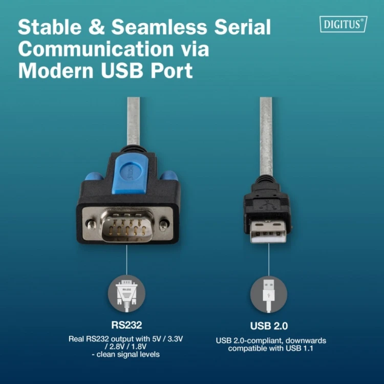 Digitus Kabel adapter USB 2.0 do RS232 (DB9) | Chipset FTDI (FT232RNL) | PVC, transparentny | Mocowanie na śruby | 1.8m