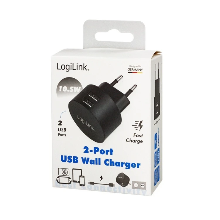 LogiLink Ładowarka sieciowa  2x USB-A, 10.5W, czarna