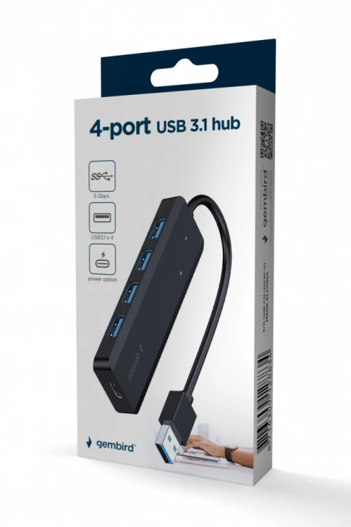 Gembird HUB 4-portowy USB 3.1 (Gen 1), z opcją zasilania zewnętrznego przez port USB-C