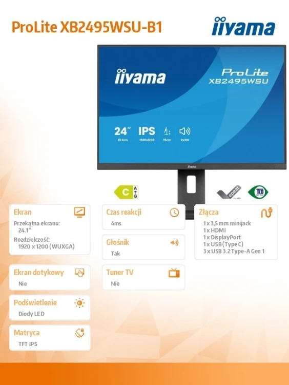 IIYAMA Monitor 24 cale XB2495WSU-B1  IPS,16:10,350cd,4ms,HDMI, 100Hz,1500:1, 4xUSB,2x2W,HAS150 (PIVOT)