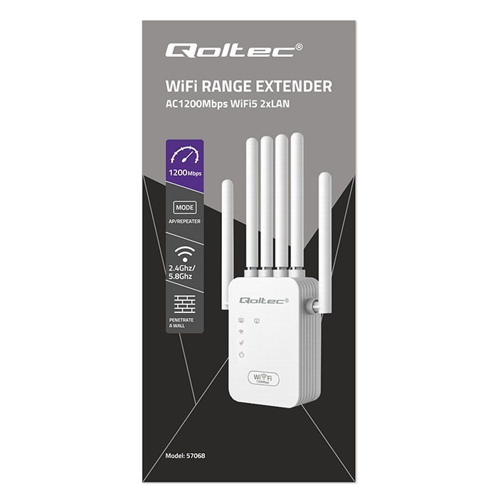Qoltec Wzmacniacz syganłu WiFi 6 | Repeater | Access Point | AX1200 Mb/s| 6 anten | 2xRJ45 | 128MB