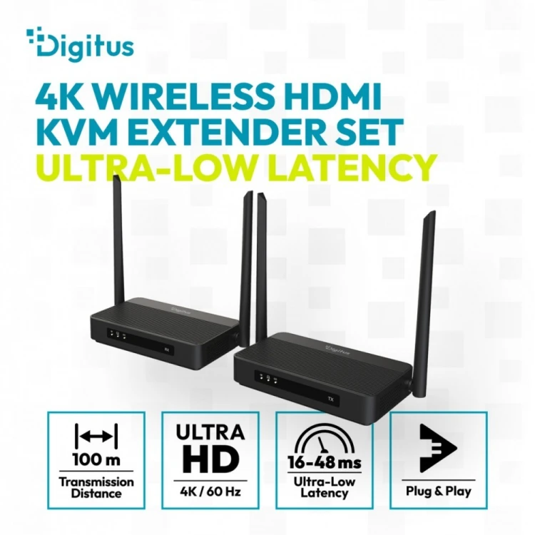 Digitus Przedłużacz / Extender HDMI bezprzewodowy z KVM do 100m | UHD 4K@60Hz | Audio | Niskie opóźnienie 16ms (Zestaw)