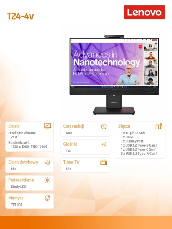 Lenovo Monitor 23.8 cala ThinkVision T24-4v 64B6MAT1EU