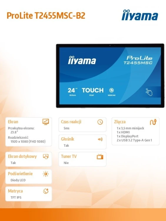 IIYAMA Monitor 24 cale T2455MSC-B2 POJ.10PKT.IPS,HDMI,DP,USB3.0,CAM,MIC,   FHD 120Hz