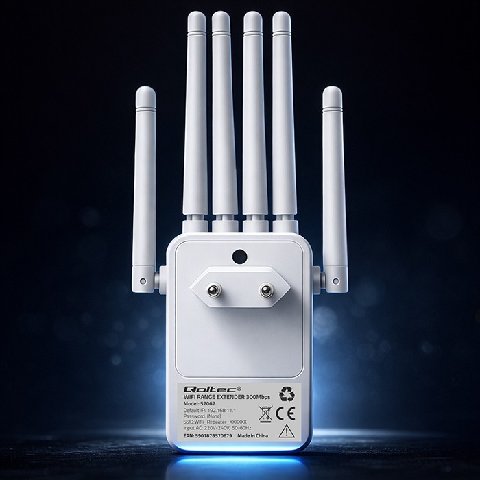 Qoltec Wzmacniacz sygnału WiFi | Repeater | Access Point | 300Mb/s | 6  anten | 2xRJ45
