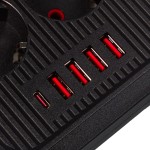 Maclean Listwa zasilająca MCE391 B 6 gniazd 4xUSB-A 1xUSB-C, 110-240V AC 50/60Hz, 2.1A max 2500W, czarna