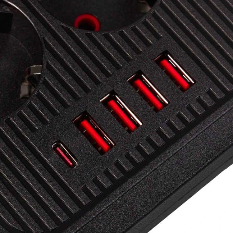 Maclean Listwa zasilająca MCE391 B 6 gniazd 4xUSB-A 1xUSB-C, 110-240V AC 50/60Hz, 2.1A max 2500W, czarna