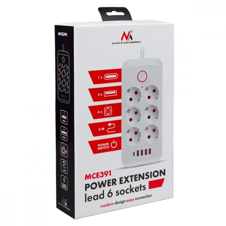 Maclean Listwa zasilająca MCE391 B 6 gniazd 4xUSB-A 1xUSB-C, 110-240V AC 50/60Hz, 2.1A max 2500W, czarna