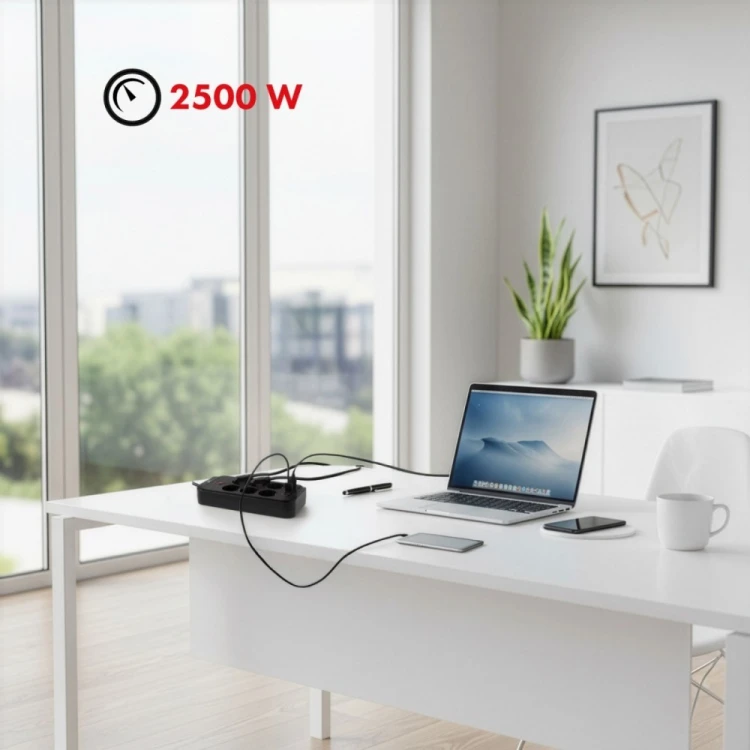 Maclean Listwa zasilająca MCE391 B 6 gniazd 4xUSB-A 1xUSB-C, 110-240V AC 50/60Hz, 2.1A max 2500W, czarna