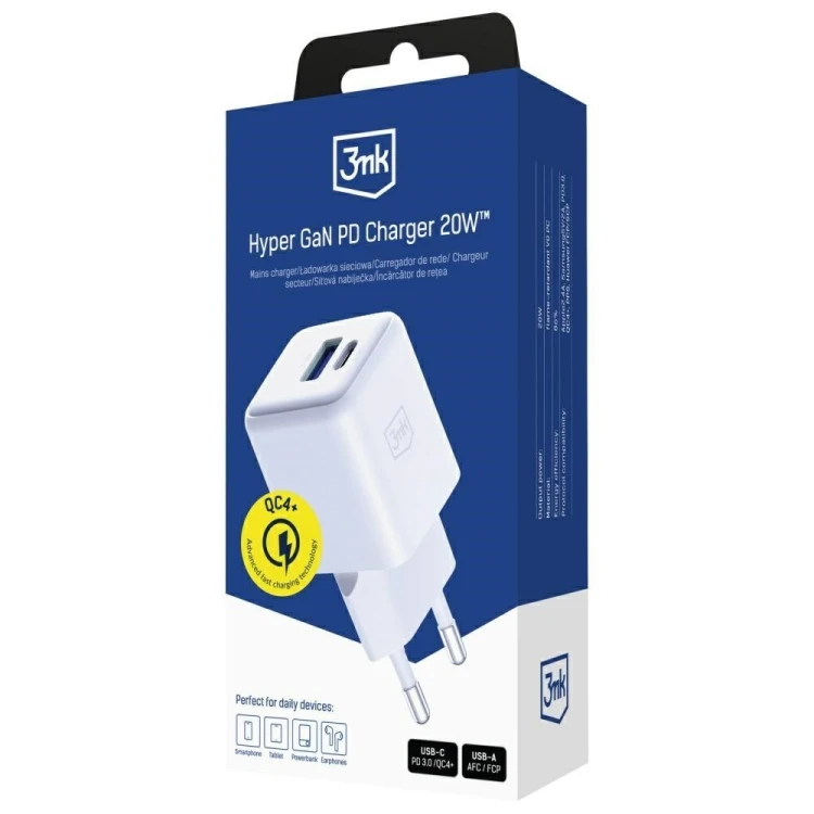 3MK Ładowarka sieciowa Hyper GaN 20W 1xUSB-A 1xUSB-C PD QC4+ biała
