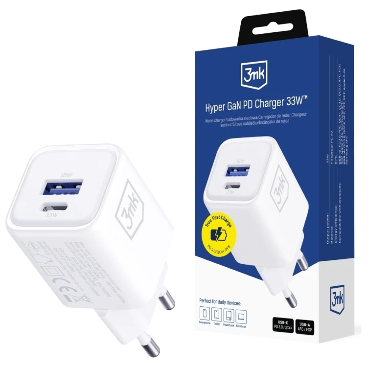 3MK Ładowarka sieciowa Hyper Charger PD 33W GaN QC4+ PPS AFC FCP SCP USB-A USB-C biała