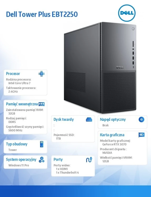 Dell Komputer Dell Tower Plus |W11 Pro|U7 265|32GB|1TB SSD|Nvidia RTX 5070|WLAN|Wireless Kb & Mouse