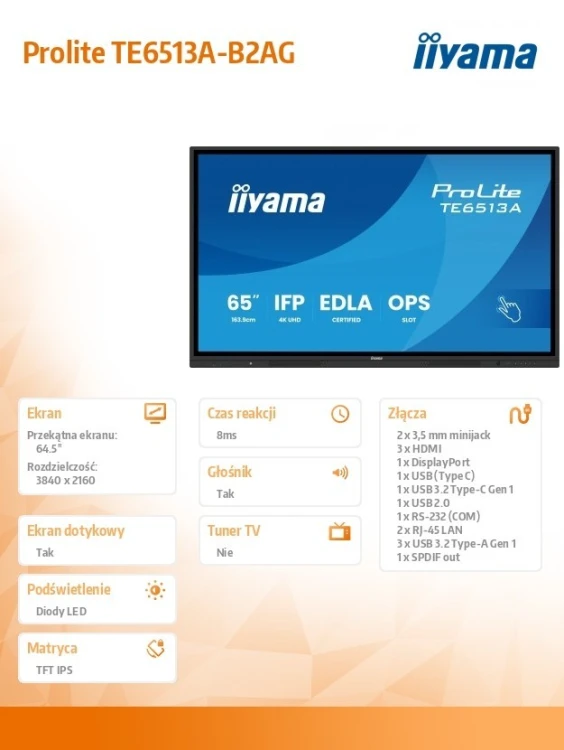IIYAMA Monitor interaktywny 65 cali TE6513A-B2AG INFRARED,40pkt,IPS,4K,7H,500cd/m2,      WiFi,USB, ANDROID 14, Google EDLA,2x20W, UCHWYT ŚCIENNY