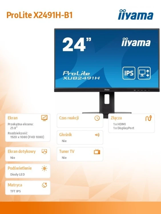 IIYAMA Monitor 23.8 cala X2491H-B1 IPS,HDMI,DP,1ms,350cd/m2, 1500:1,120Hz
