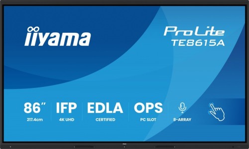 IIYAMA Monitor interaktywny 86 cali TE8615A-B2AG IPS,4K,40pkt,550cd,DeepContrast-IR+,    HDMI x2,DP,USB-C, 2 x 20W, OPS Slot x1, 5xUSB, 2xRJ45,8-Array