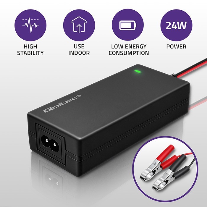 Qoltec Ładowarka do akumulatora AGM GEL STD | Prostownik 12V | 2A | 24W | LED | Kabel 1.8m