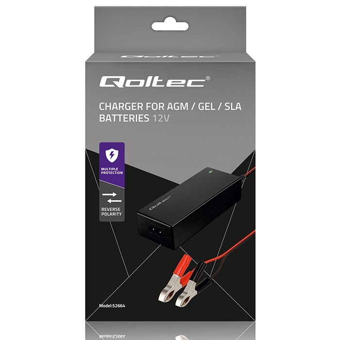 Qoltec Ładowarka do akumulatora AGM GEL STD | Prostownik 12V | 4A | 48W | LED | Kabel 1.8m