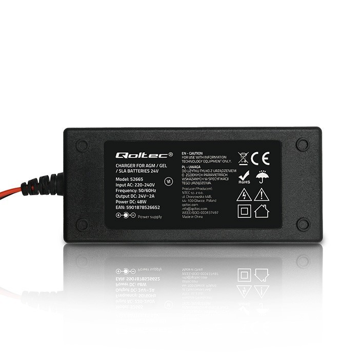 Qoltec Ładowarka do akumulatora AGM GEL STD | Prostownik 24V | 2A | 48W | LED | Kabel 1.8m