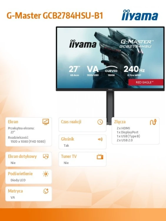 IIYAMA Monitor 27 cali GCB2784HSU-B1 FHD, 0.7ms, VA, 1500R, 240Hz, 2xHDMI, DP, 2xUSB, FreeSync Premium -1920x1080 (48-240Hz), HDR10, 2x2W, HAS150(PIVO
