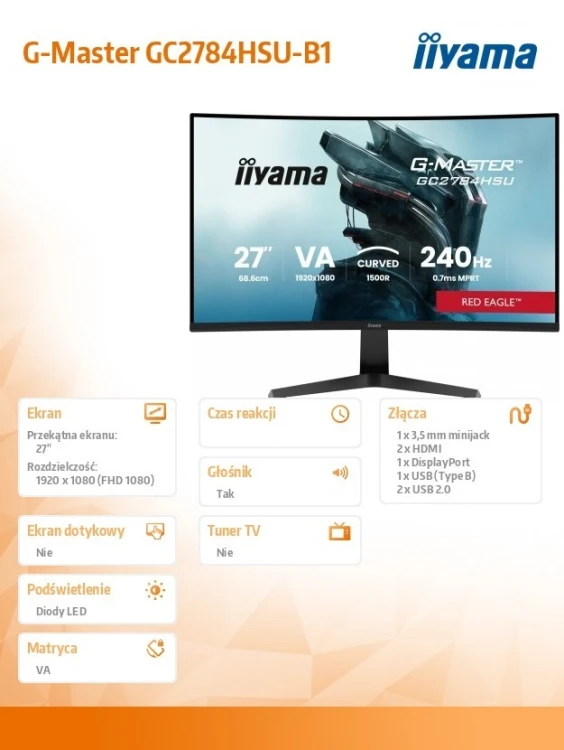 IIYAMA Monitor 27 cali GC2784HSU-B1 FHD, 0.7ms, VA, 1500R, 240Hz 2xHDMI, DP, 2xUSB, FreeSync Premium -1920x1080 (48-240Hz), HDR10, 2x2W