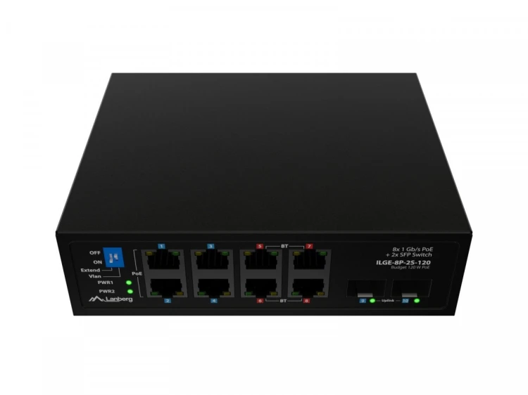 Lanberg Przełącznik ILGE-8P-2S-120 Light Industrial POE 4XBT 4XAT 2XSFP DIN Gigabait Ethernet
