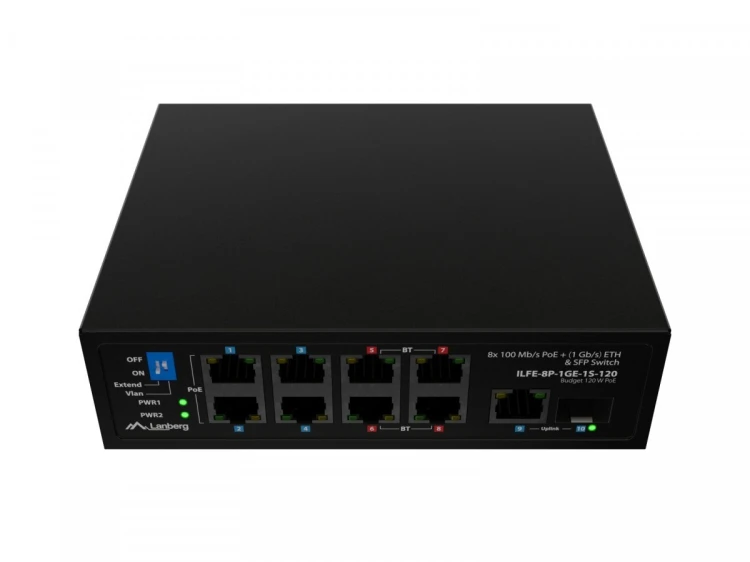 Lanberg Przełącznik Light ILFE-8P-1GE-1S-120 Light Industrial POE 4XBT 4XAT  SFP+ ETH DIN FAST Ethernet