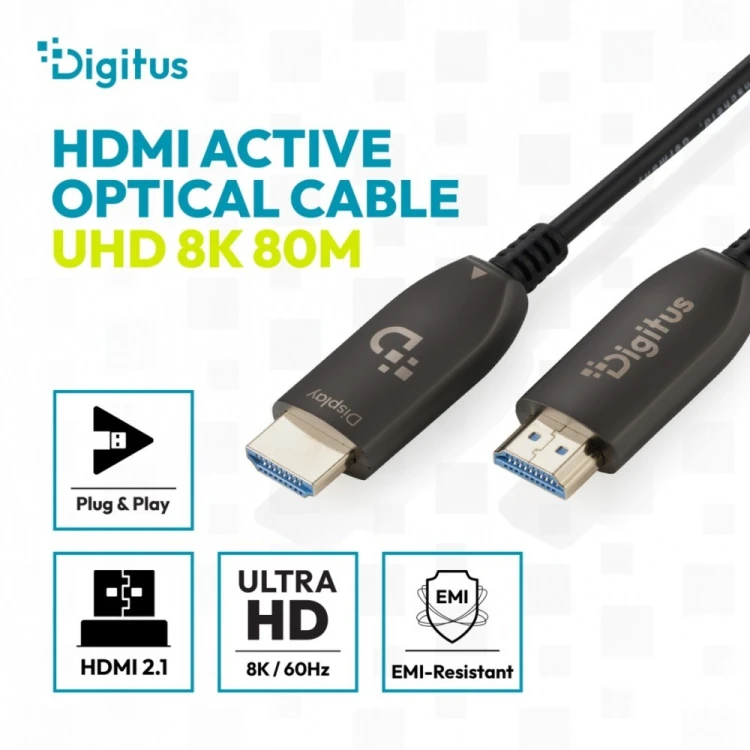 Digitus Kabel połączeniowy hybrydowy HDMI AOC | HDMI-A męski-męski | HDMI 2.1 | UHD-2 8K@60Hz | 48Gbps |HDR, eARC, HDCP 2.2, CEC | 80m