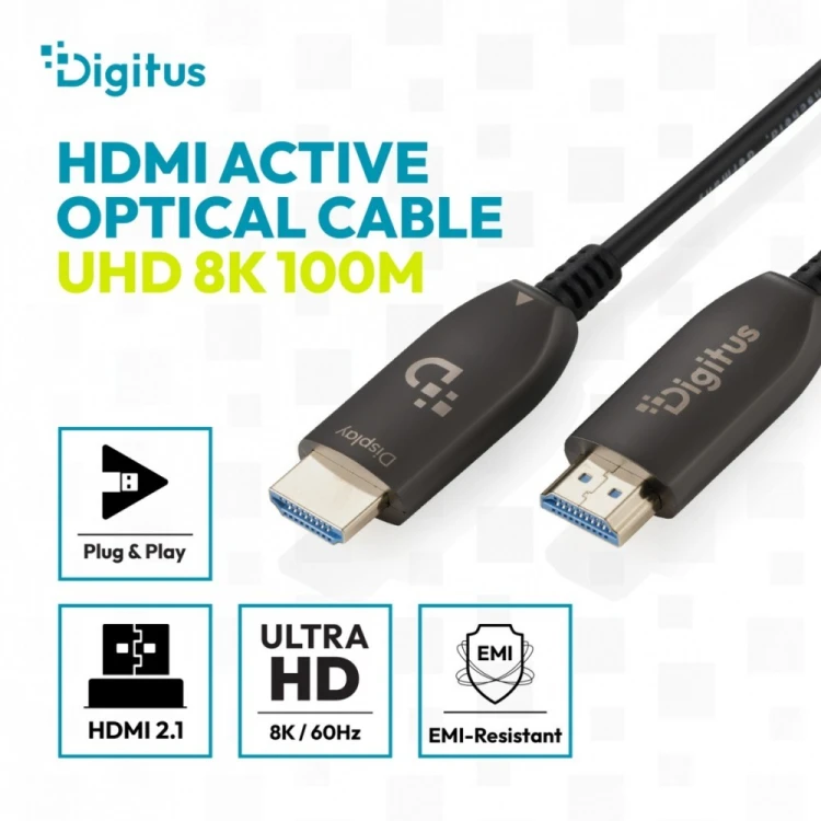 Digitus Kabel połączeniowy hybrydowy HDMI AOC | HDMI-A męski-męski | HDMI 2.1 | UHD-2 8K@60Hz | 48Gbps |HDR, eARC, HDCP 2.2, CEC | 100m