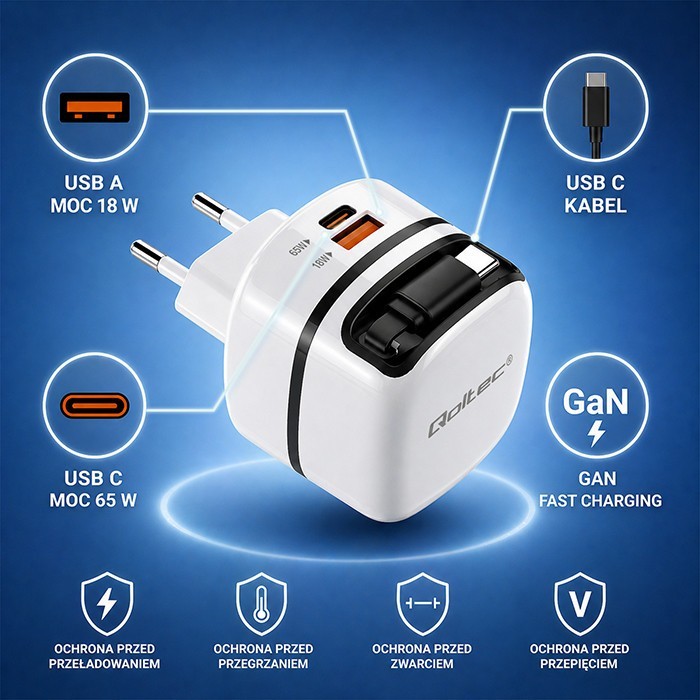 Qoltec Ładowarka sieciowa GaN 65W | USB-C PD PPS | 5-20V | 3-3.25A |    wysuwany kabel