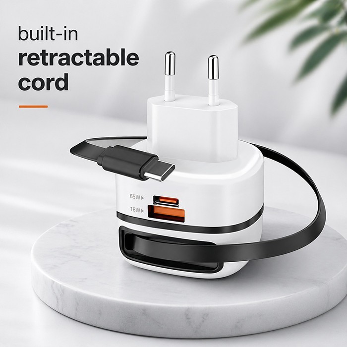 Qoltec Ładowarka sieciowa GaN 65W | USB-C PD PPS | 5-20V | 3-3.25A |    wysuwany kabel