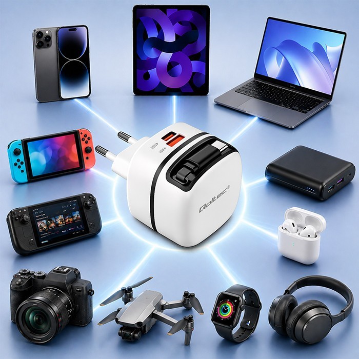 Qoltec Ładowarka sieciowa GaN 65W | USB-C PD PPS | 5-20V | 3-3.25A |    wysuwany kabel