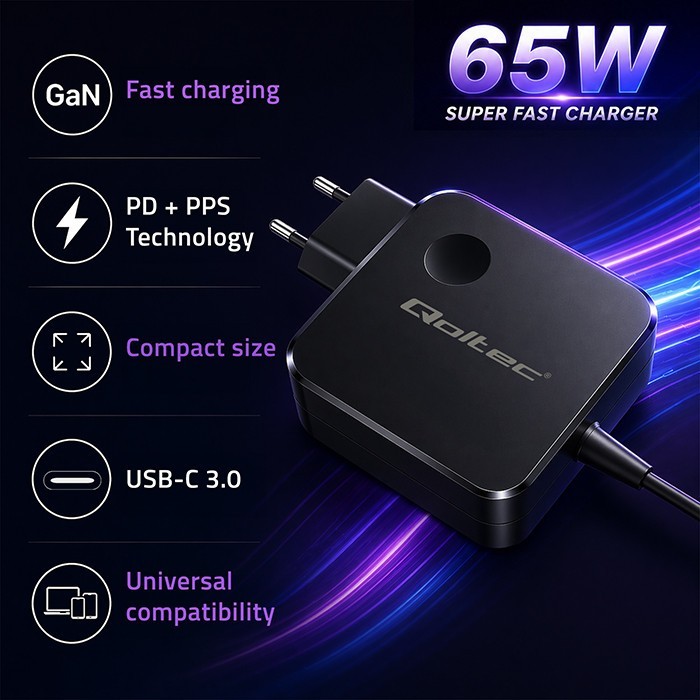 Qoltec Ładowarka sieciowa GaN 65W | USB-C PD PPS | 5-21V | 3-3.25A