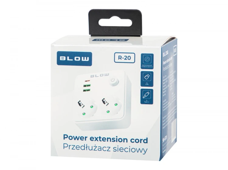 BLOW Rozgałęźnik R-20 PR 2-GNIAZDA + 2USB + USB-C biały