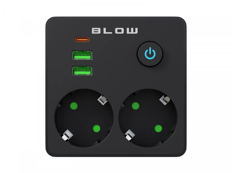 BLOW Rozgałęźnik R-20 PR 2-GNIAZDA + 2USB + USB-C czarny