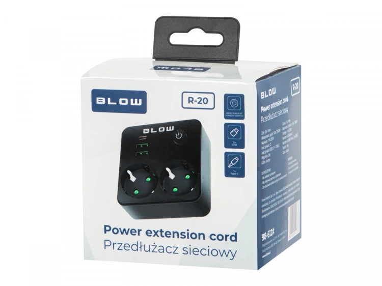 BLOW Rozgałęźnik R-20 PR 2-GNIAZDA + 2USB + USB-C czarny