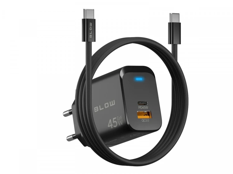 BLOW Ładowarka sieciowa gniazdo USB + USB-C PD 45W + kabel