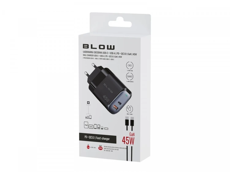 BLOW Ładowarka sieciowa gniazdo USB + USB-C PD 45W + kabel