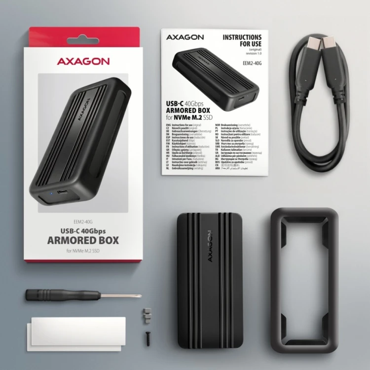 AXAGON EEM2-40G Obudowa zewnętrzna aluminiowa USB4 Gen 3x2 M.2 SSD NVMe 40Gbps passive, USB-C cable, silicon sleeve