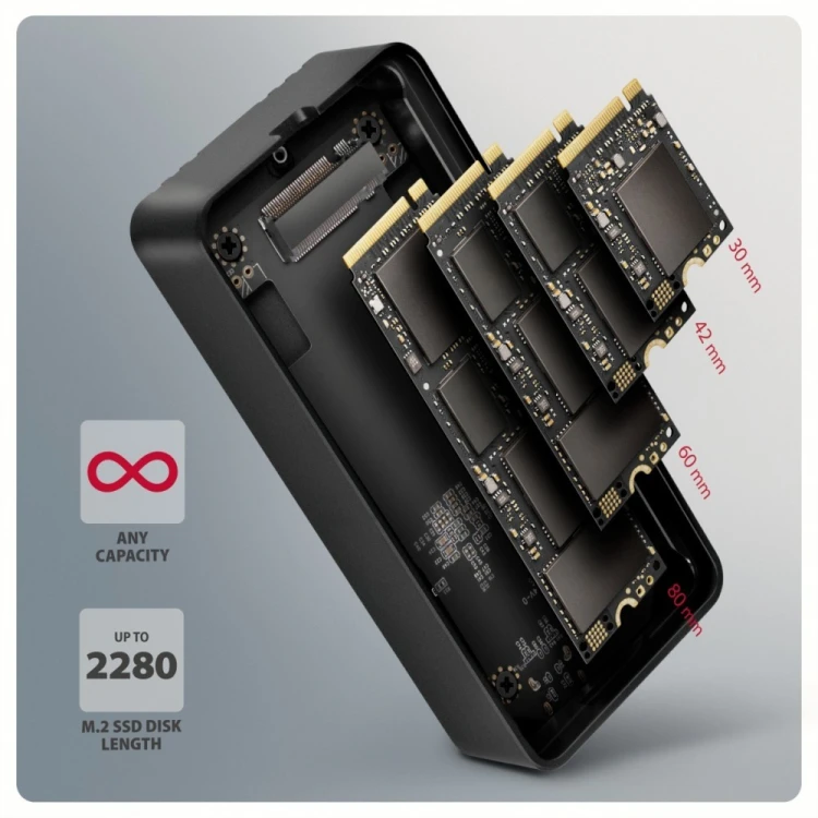 AXAGON EEM2-40G Obudowa zewnętrzna aluminiowa USB4 Gen 3x2 M.2 SSD NVMe 40Gbps passive, USB-C cable, silicon sleeve