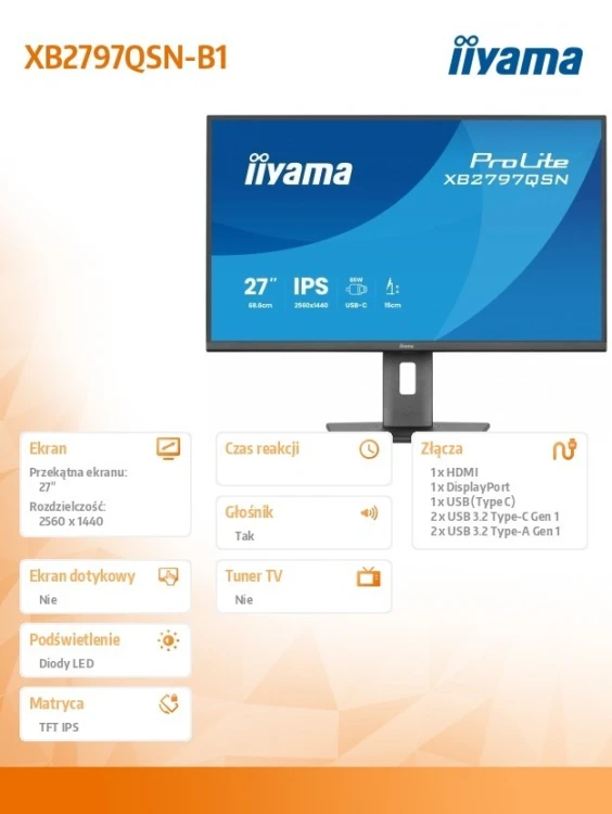 IIYAMA Monitor 27 cali XB2797QSN-B1 IPS/3.7 megapixel QHD, HAS150/ 350cd/1ms/HDMI/Displayport, USBC DOCK 65W, 4USB HUB, RJ45