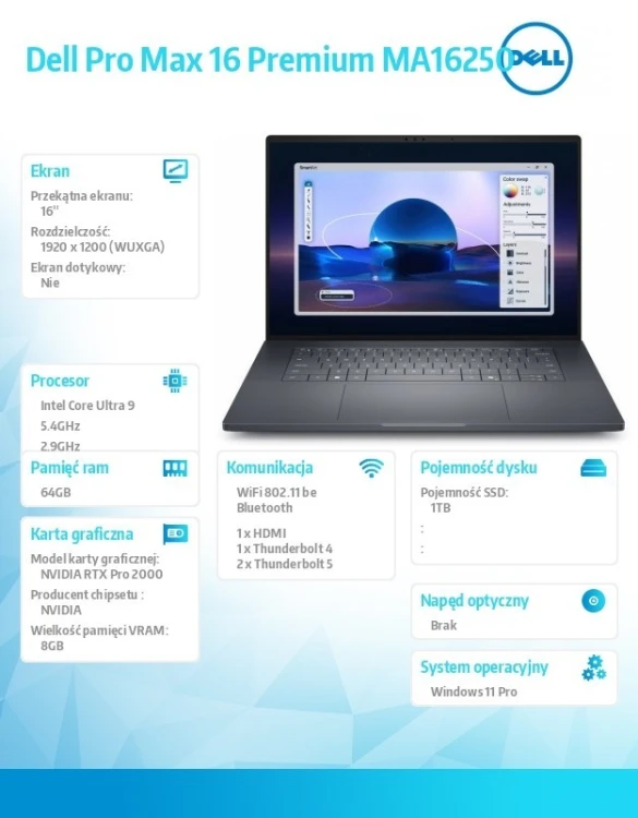 Dell Stacja robocza Dell Pro Max 16 Premium MA16250 W11P U9-285H|64GB|1TB|RTX PRO 2000Blackwell 8GB GDDR7|FgrPr|Cam&Mic|WLAN+BT|16.0 FHD+|6C|vPro/3YPS