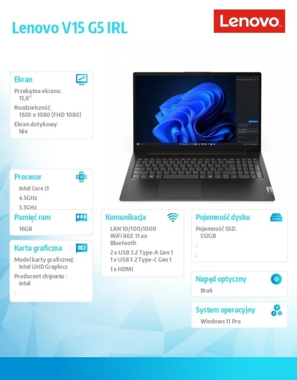 Lenovo Laptop V15 G5 83GW009CPB W11Pro i3-1315U/16GB/512GB/INT/15.6 FHD/Business Black/3YRS OS + 1YR CI